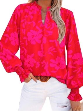 Floral Print Long-Sleeve Blouse - Red/Pink